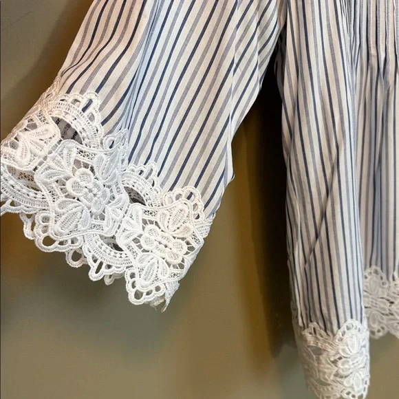 Catherine Malandrino Size 1X Cottagecore Blue and White Striped Blouse with Lace - Picture 3 of 10